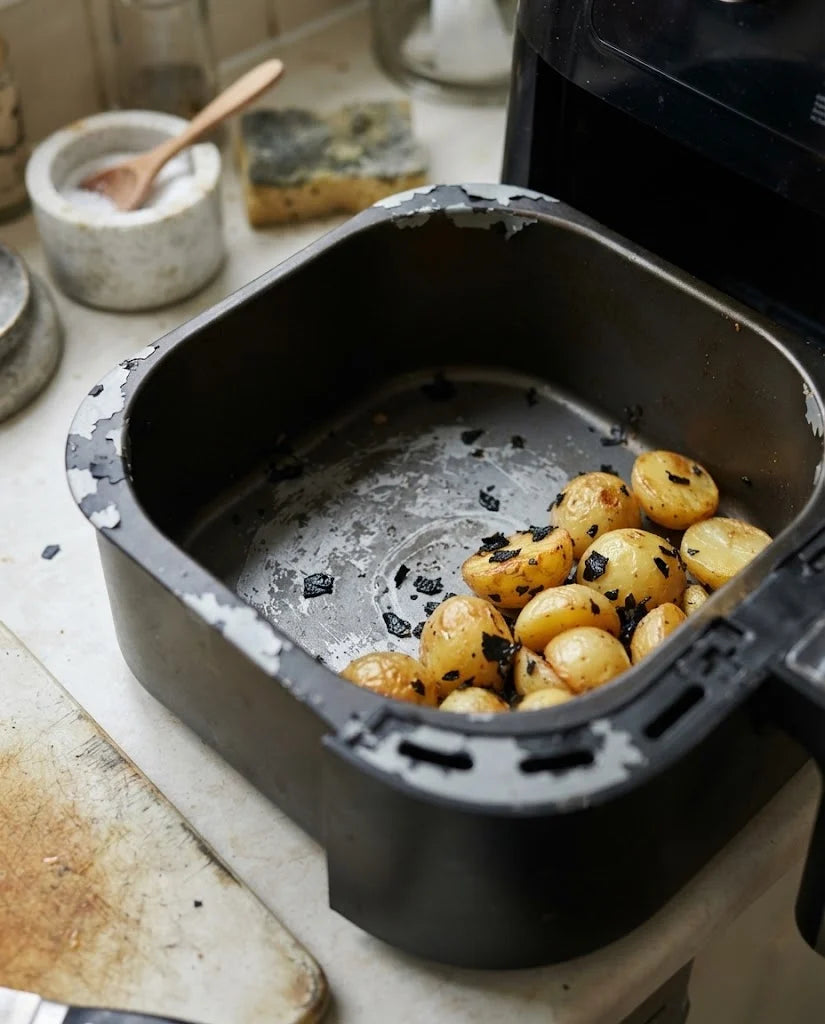 A worn air fryer basket with its dark coating peeling at the corners and black flecks in the potatoes