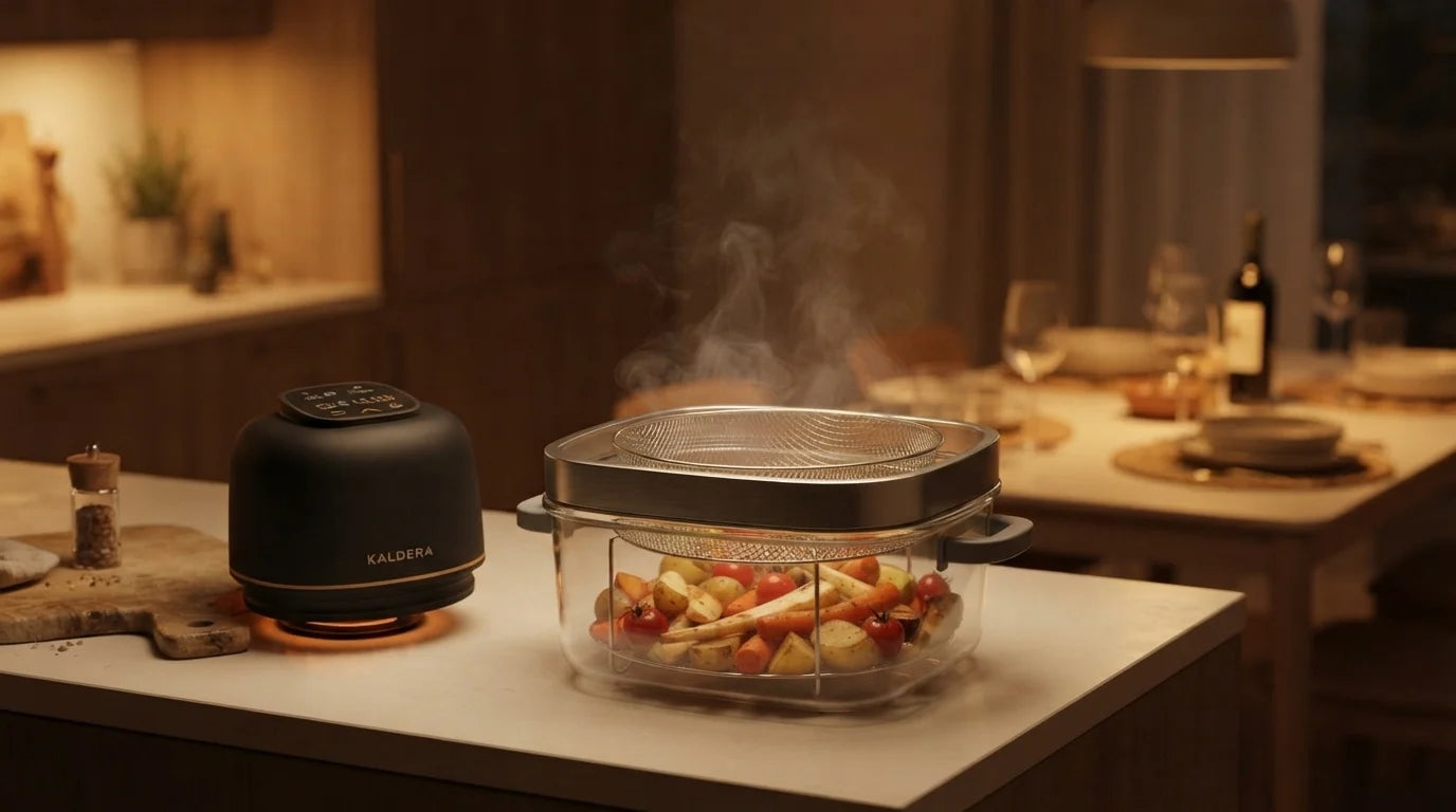 A kitchen in the evening, the Kaldera Glass on the counter with the lid lifted off and the glass bowl carried toward the table