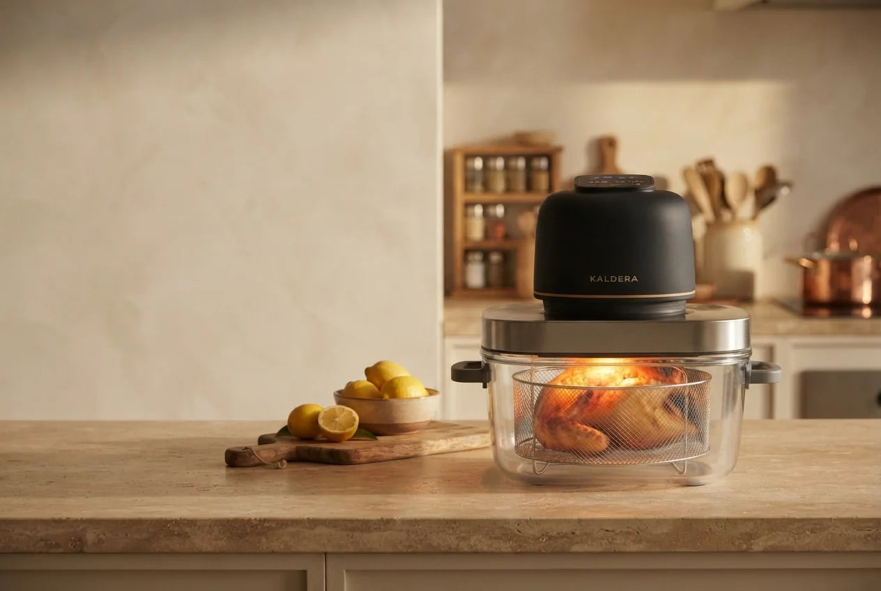 A golden roast chicken seen through the glass bowl of the Kaldera Glass air fryer on a kitchen counter, a family in the background
