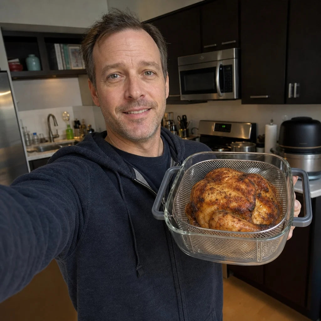 Marcus holding up the glass bowl of his Kaldera Glass in his kitchen