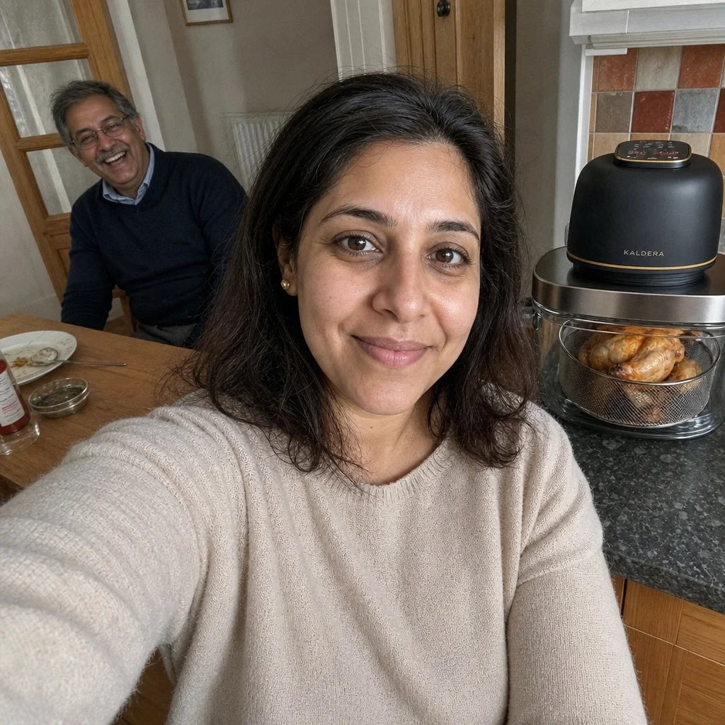 Priya in her kitchen with the Kaldera Glass on the counter behind her