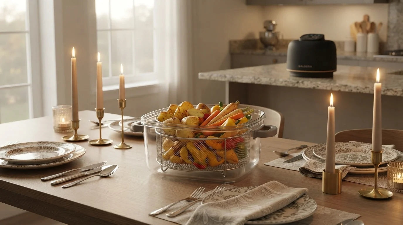 A dinner table in the evening with the glass bowl of the Kaldera Glass full of roast vegetables in the middle
