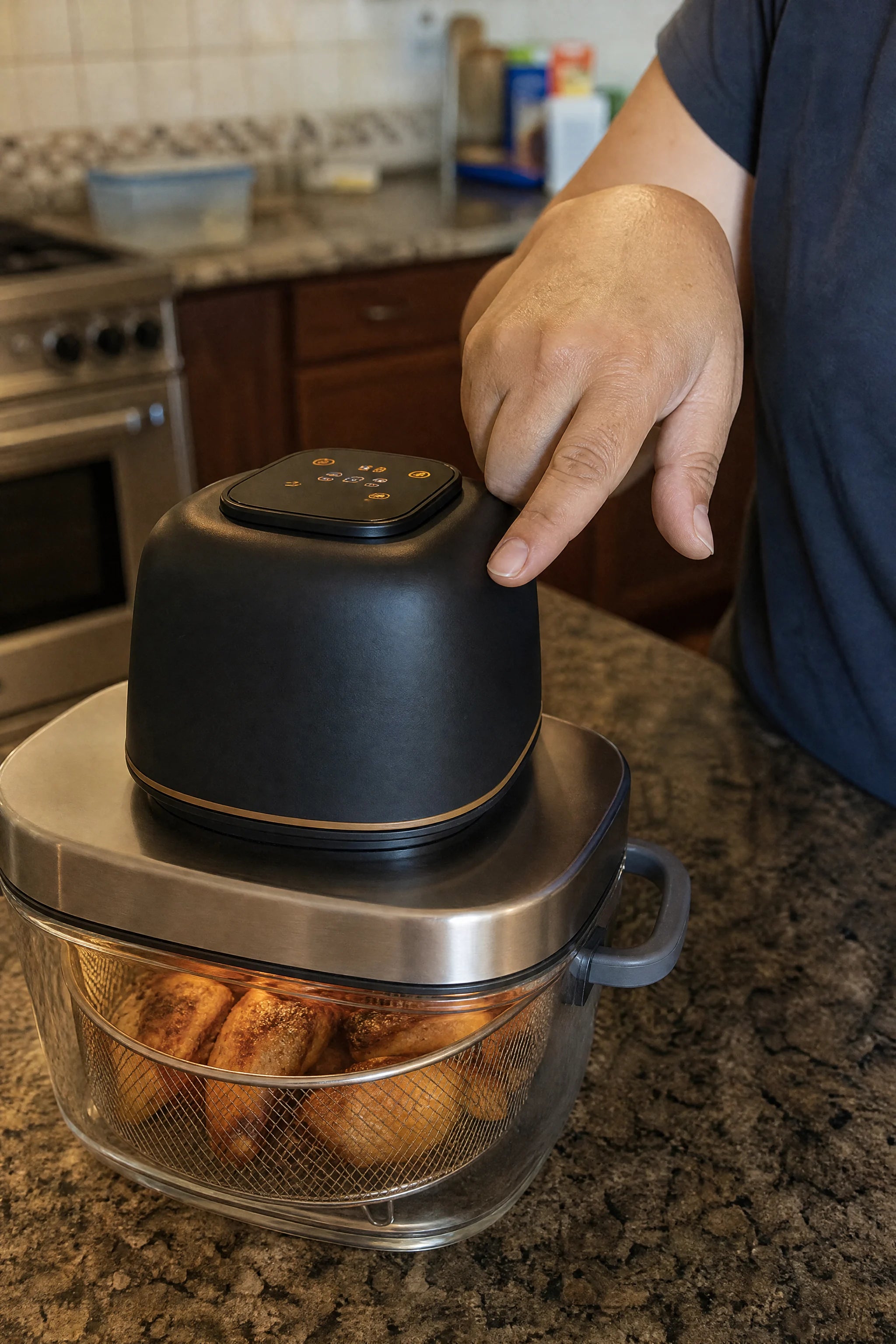 A hand setting the temperature on the Kaldera Glass touch panel while chicken wings crisp inside the glass bowl below