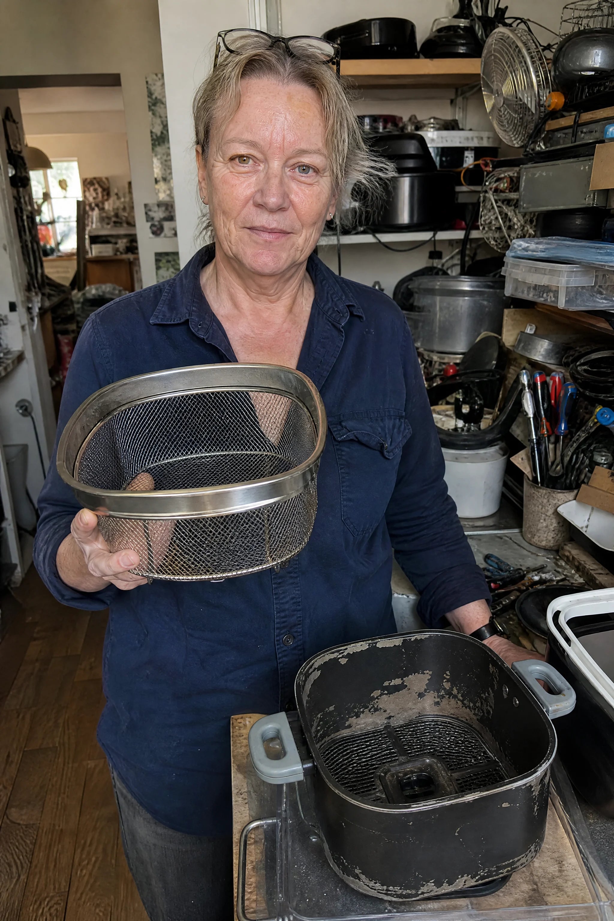 Ruth, an appliance service engineer, in her workshop holding the steel basket of the Kaldera Glass with a worn coated basket on the bench beside her