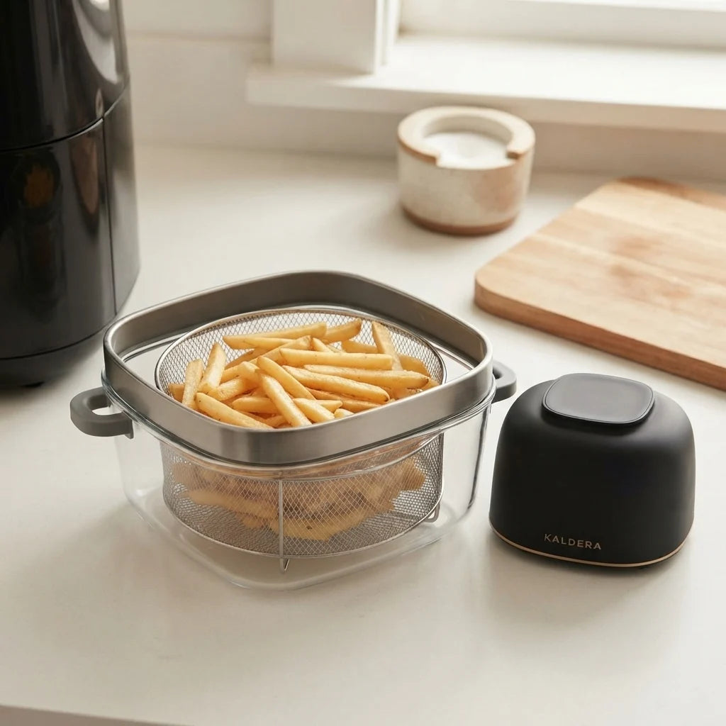 Golden fries in the glass bowl of Kaldera Glass on the steel basket