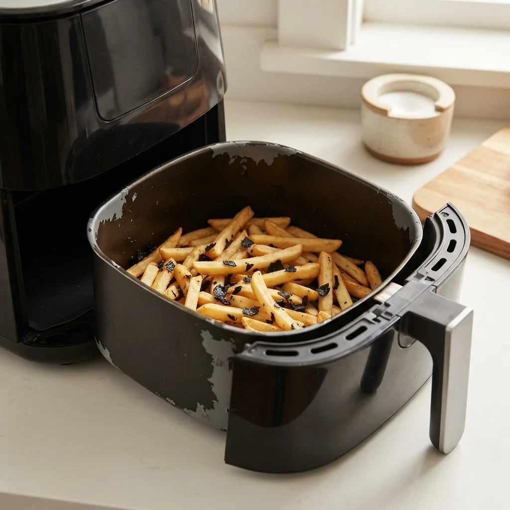 A scratched, peeling non-stick air fryer basket with black flakes in the fries