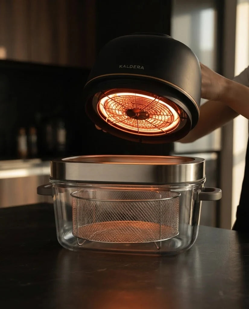 The Kaldera Glass lid lifted to show the heating element glowing orange