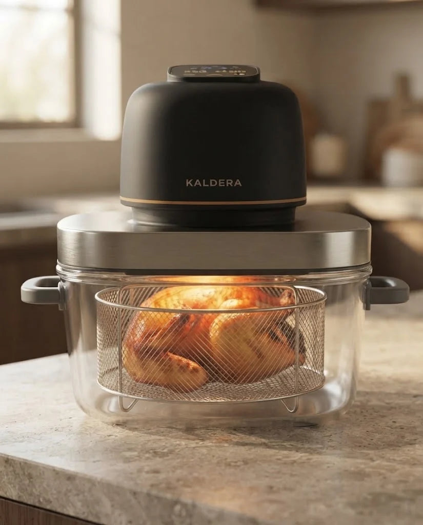 A whole roast chicken turning inside the rotisserie basket of Kaldera Glass