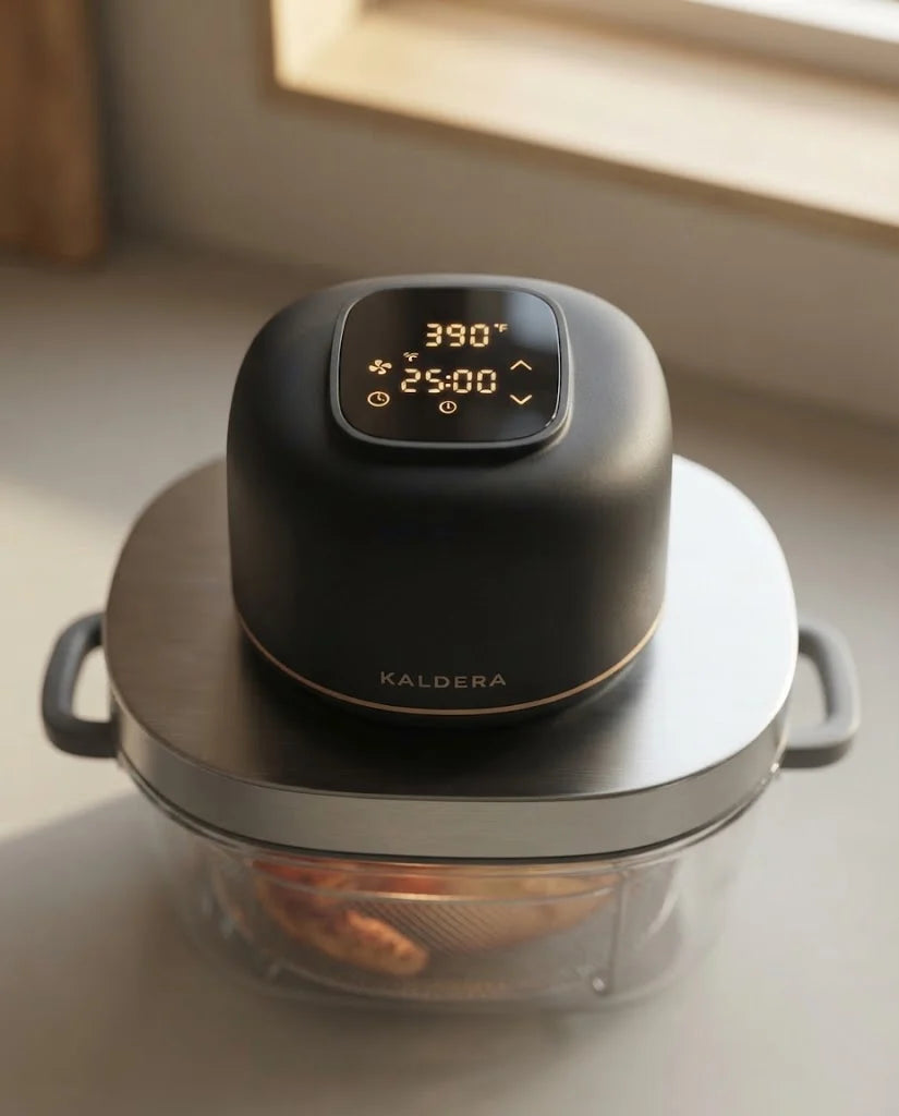 Close-up of the Kaldera Glass touch panel reading 390 and 25:00