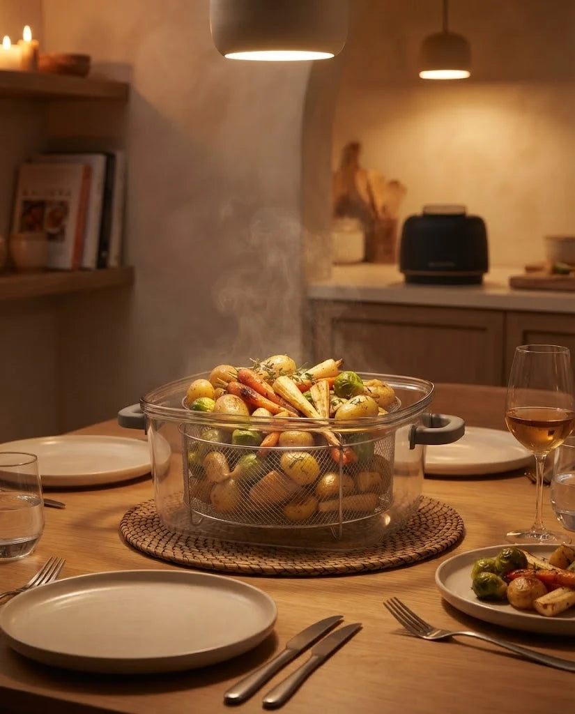 The glass bowl of Kaldera Glass full of roasted vegetables on a set dinner table